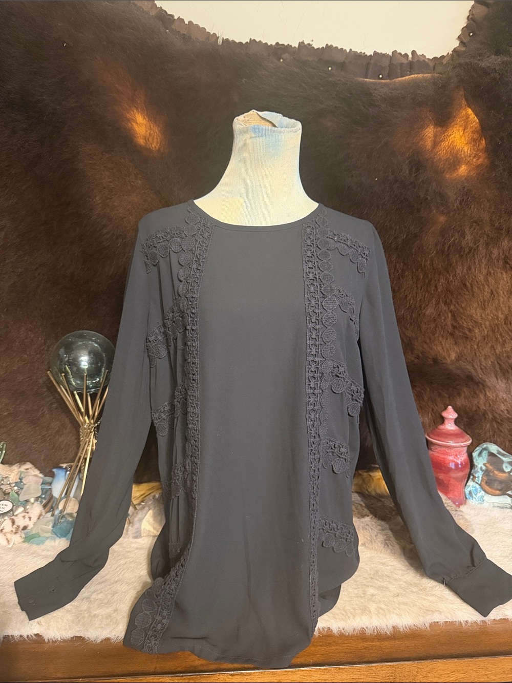 Black Lace-Trim Blouse - Women L (3045A)